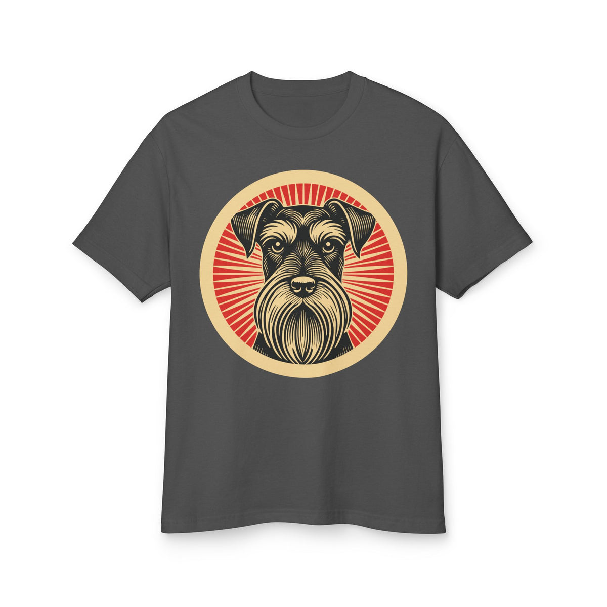 Standard Schnauzer badge art in a ring of red rays on a heavyweight tee