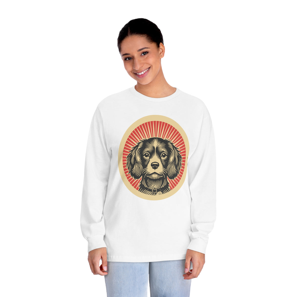 Cavachon badge art in a ring of red rays on a long-sleeve tee
