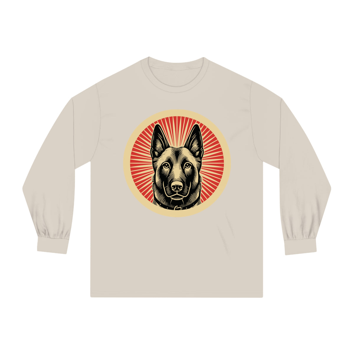 Belgian Malinois badge art in a ring of red rays on a long-sleeve tee