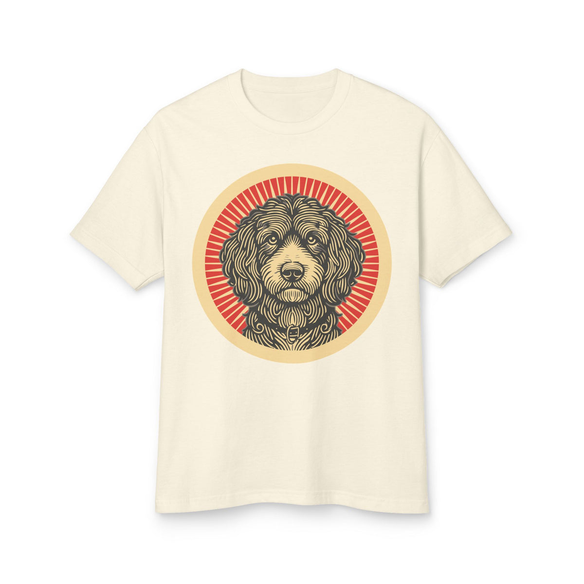 Aussiedoodle badge art in a ring of red rays on a heavyweight tee