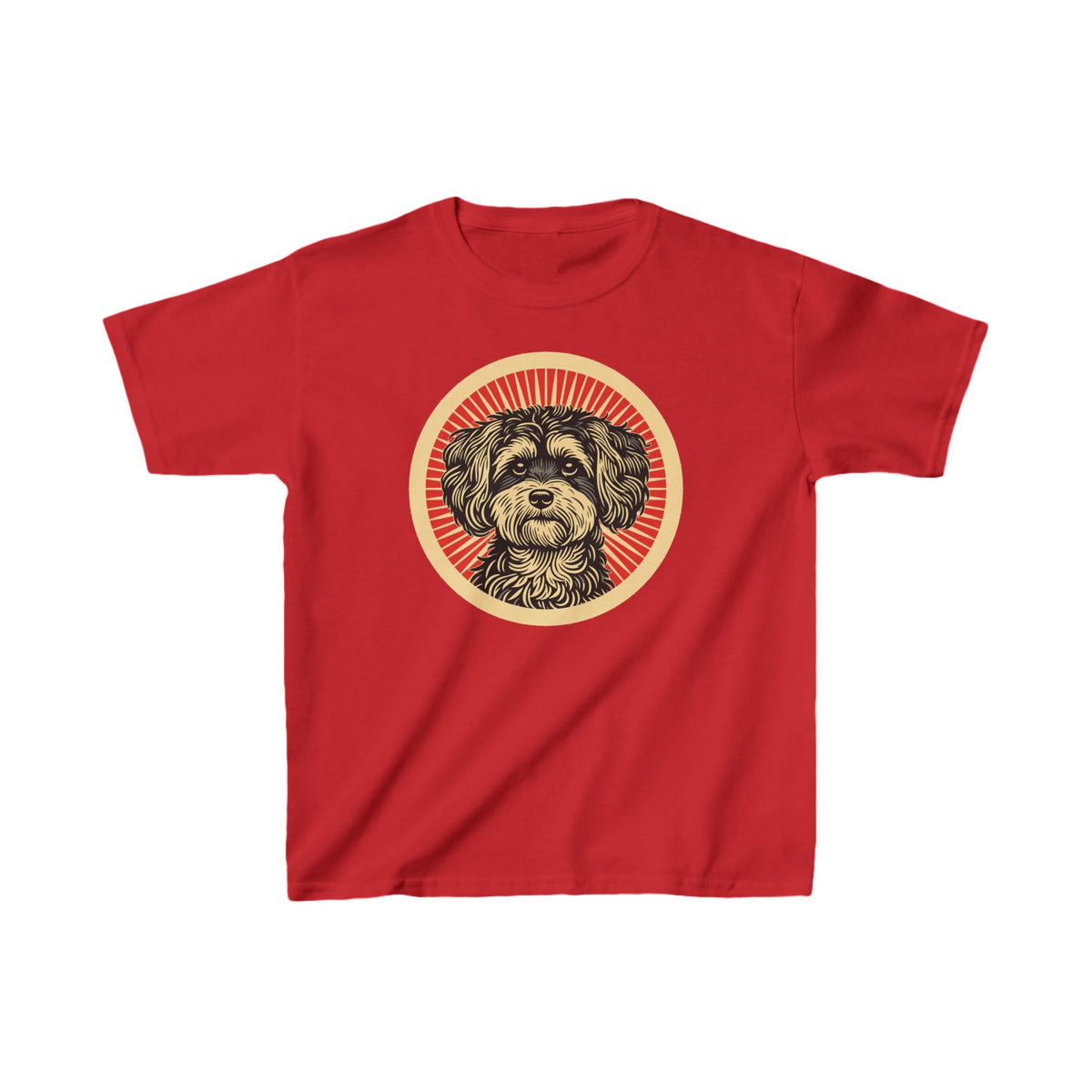 Maltipoo badge art in a ring of red rays on a kids' tee