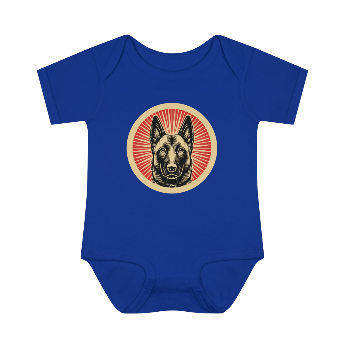 Belgian Malinois badge art in a ring of red rays on a baby bodysuit