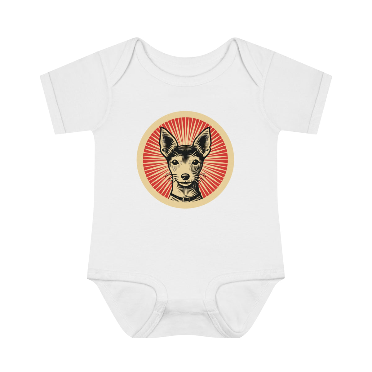 Toy Fox Terrier badge art in a ring of red rays on a baby bodysuit