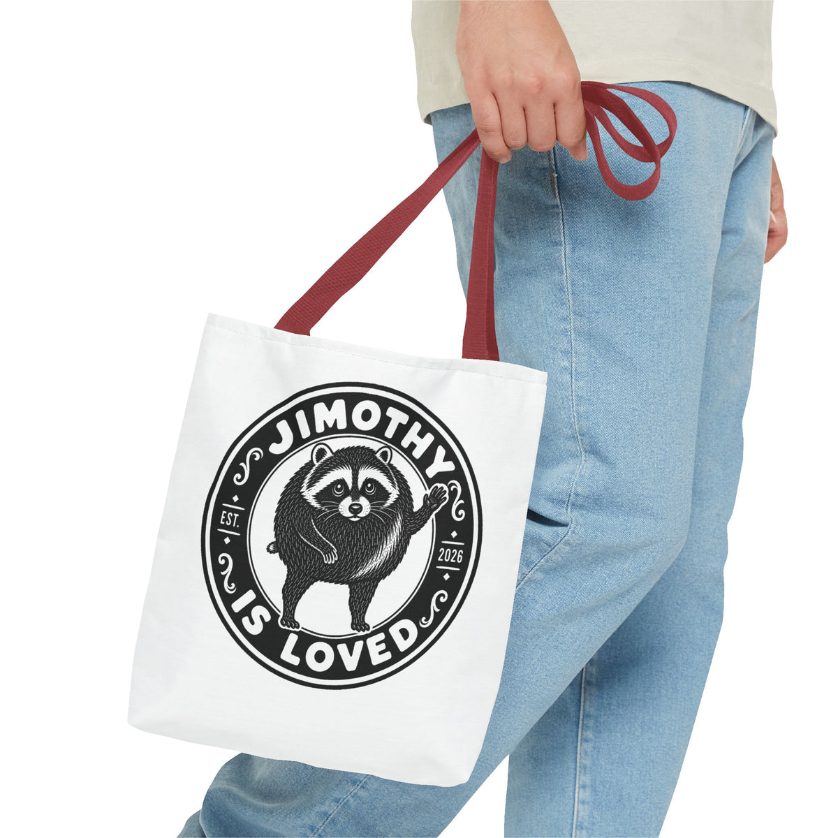 Personalized Raccoon Tote — "Jimothy Is Loved" Graphic Tote Bag