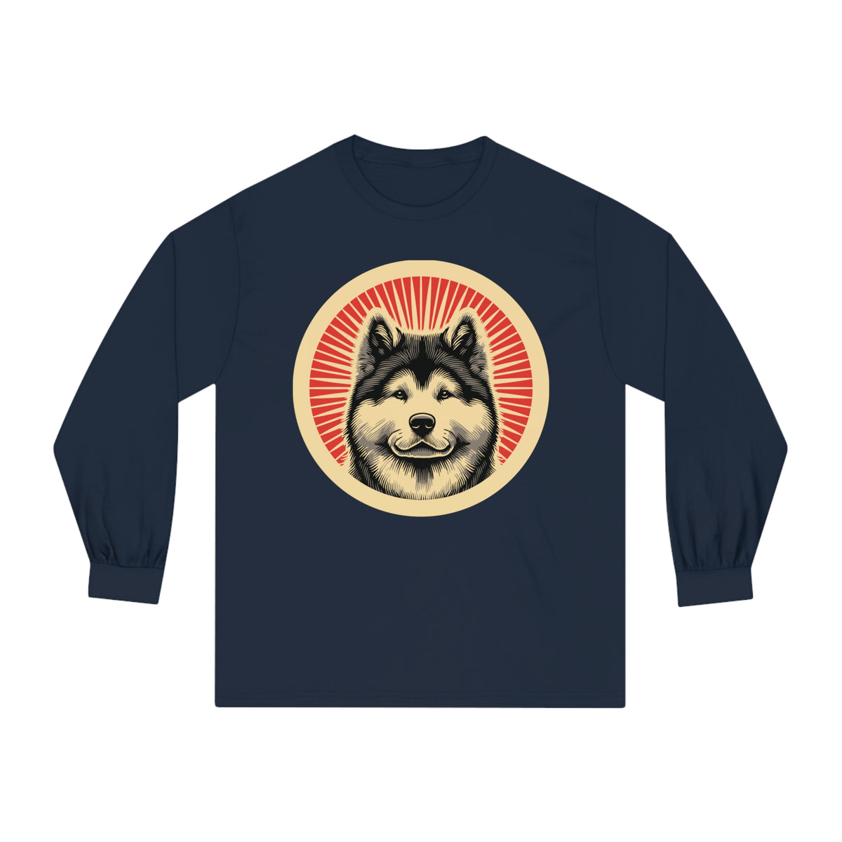 Akita badge art in a ring of red rays on a long-sleeve tee