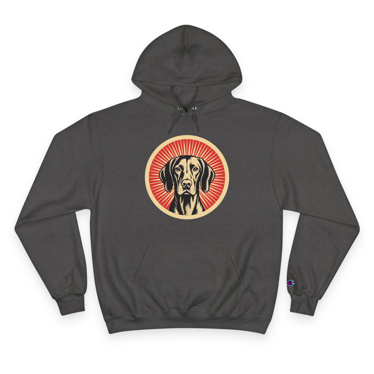 Vizsla badge art in a ring of red rays on a champion hoodie