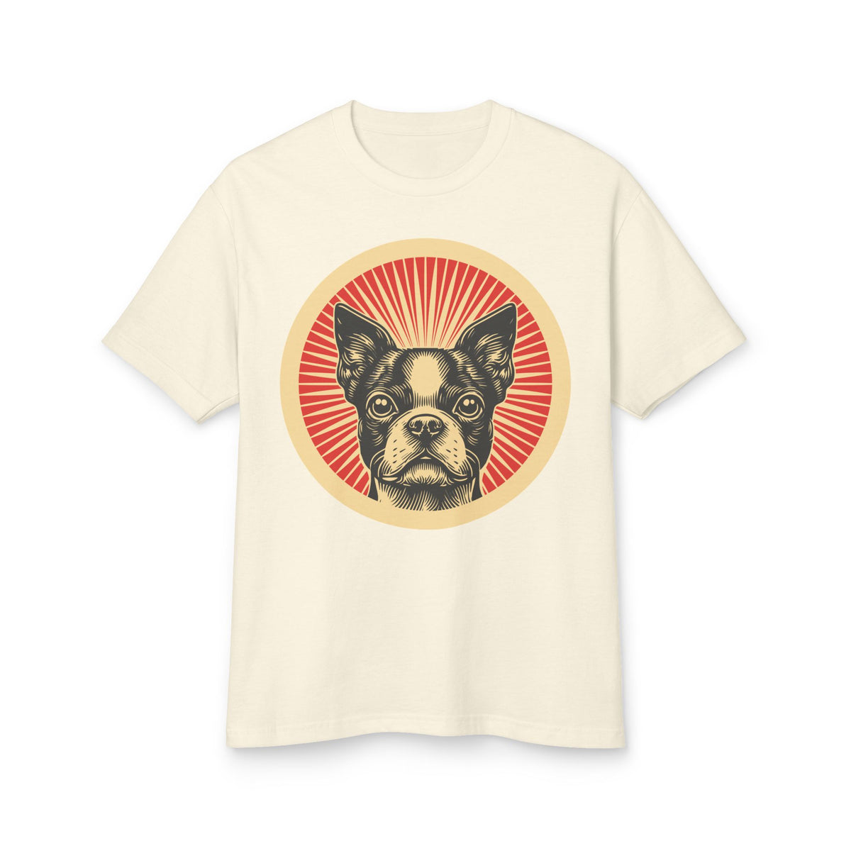 Boston Terrier badge art in a ring of red rays on a heavyweight tee