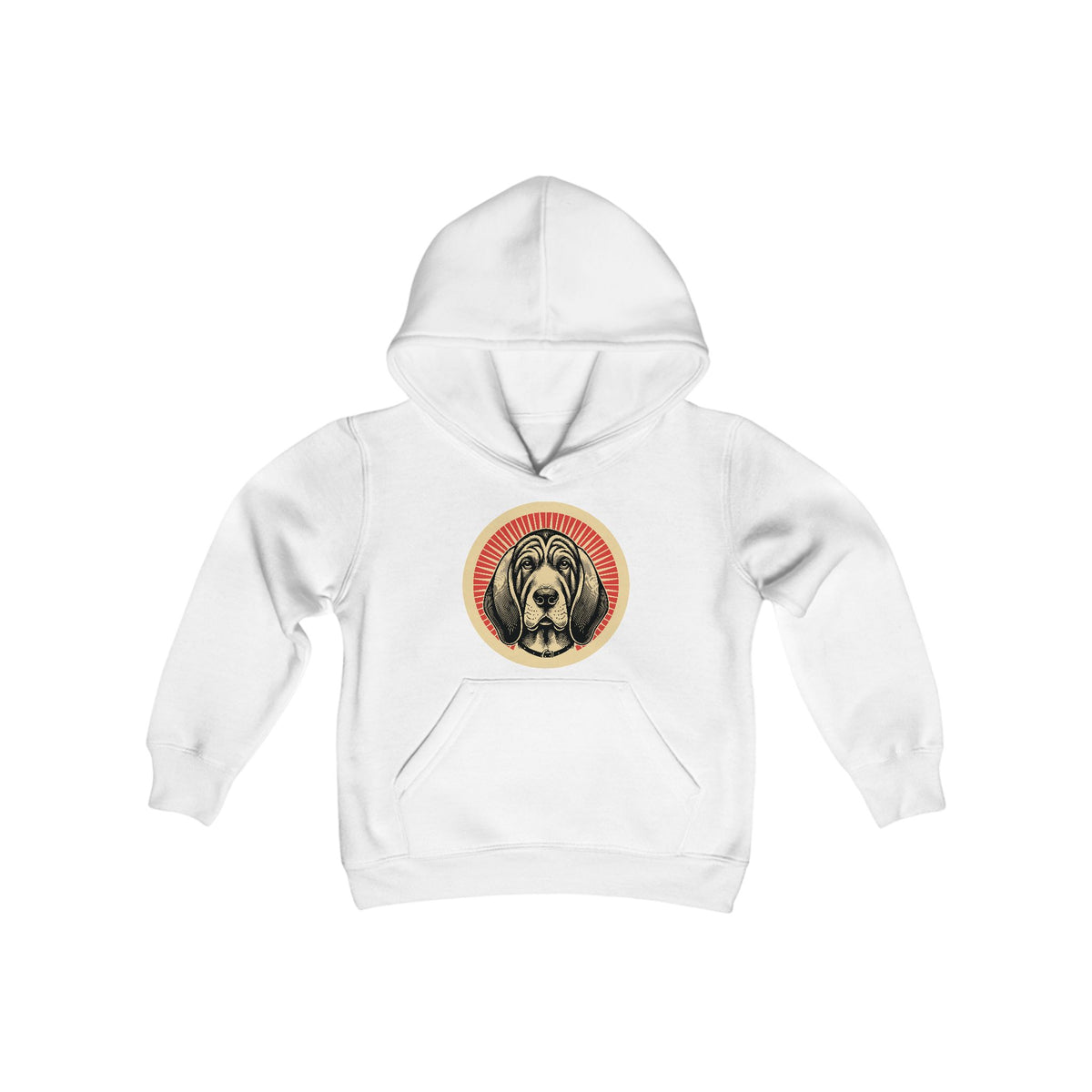 Bloodhound badge art in a ring of red rays on a kids' hoodie