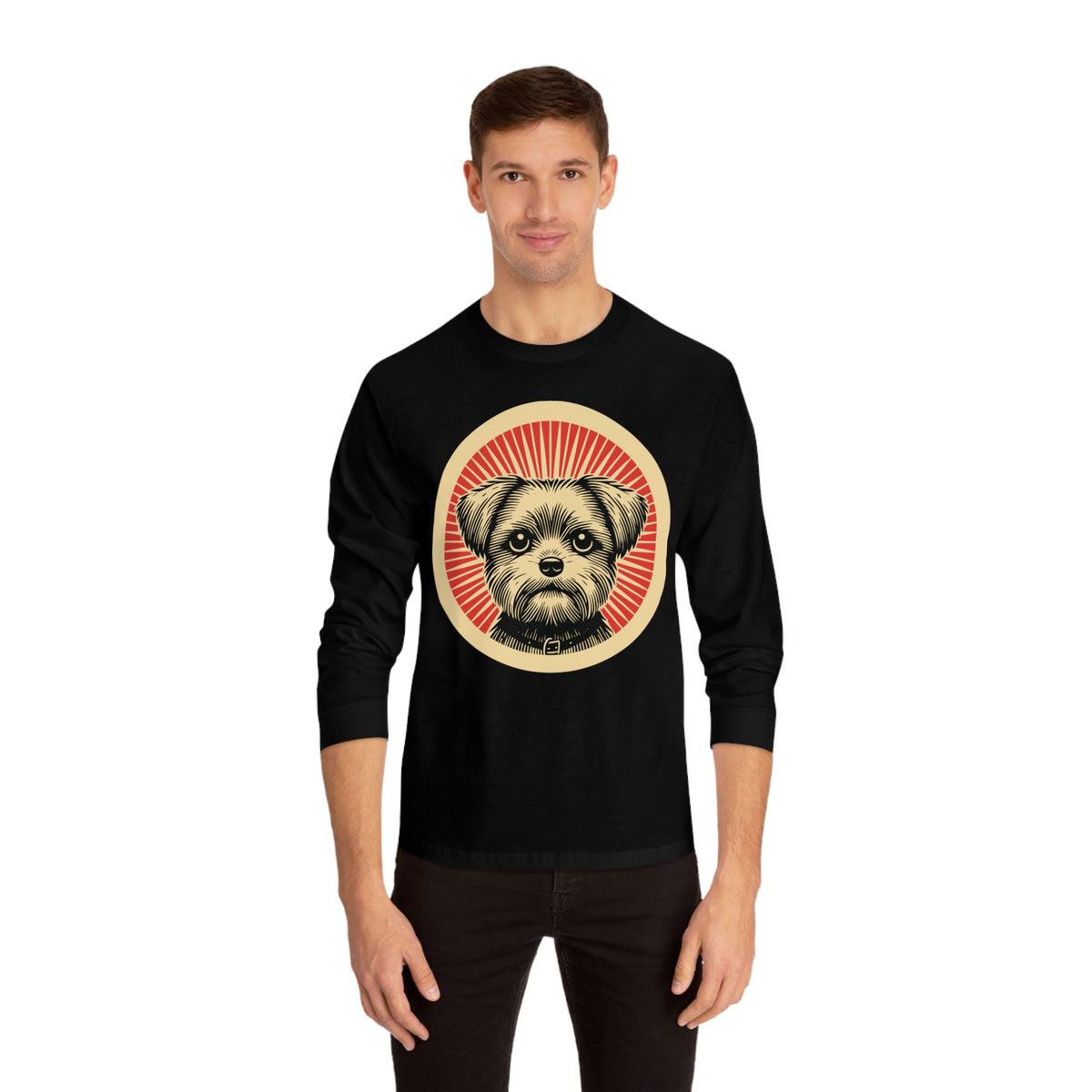 Shorkie badge art in a ring of red rays on a long-sleeve tee