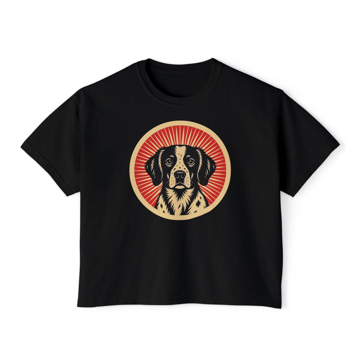 Brittany badge art in a ring of red rays on a boxy tee