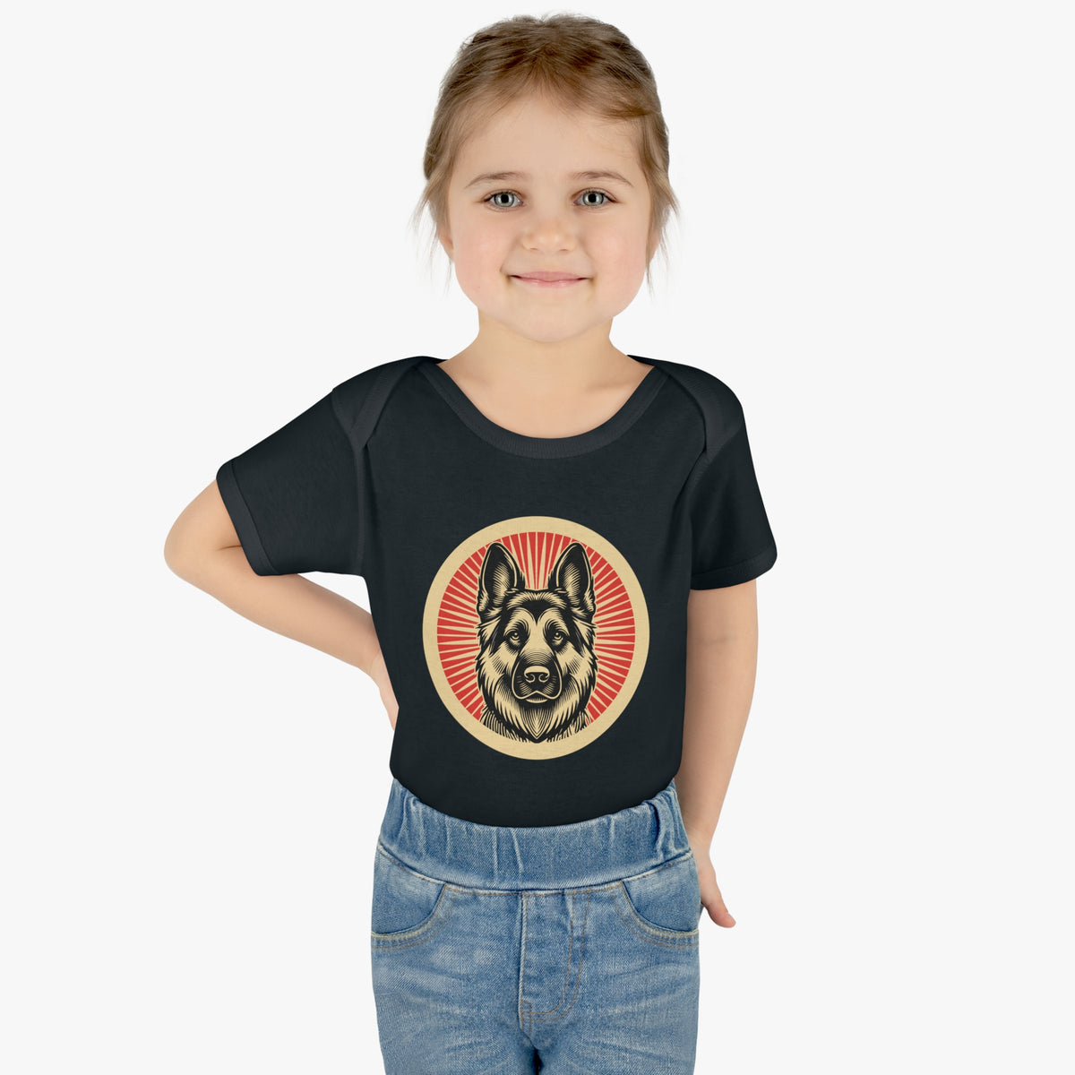 German Shepherd badge art in a ring of red rays on a baby bodysuit