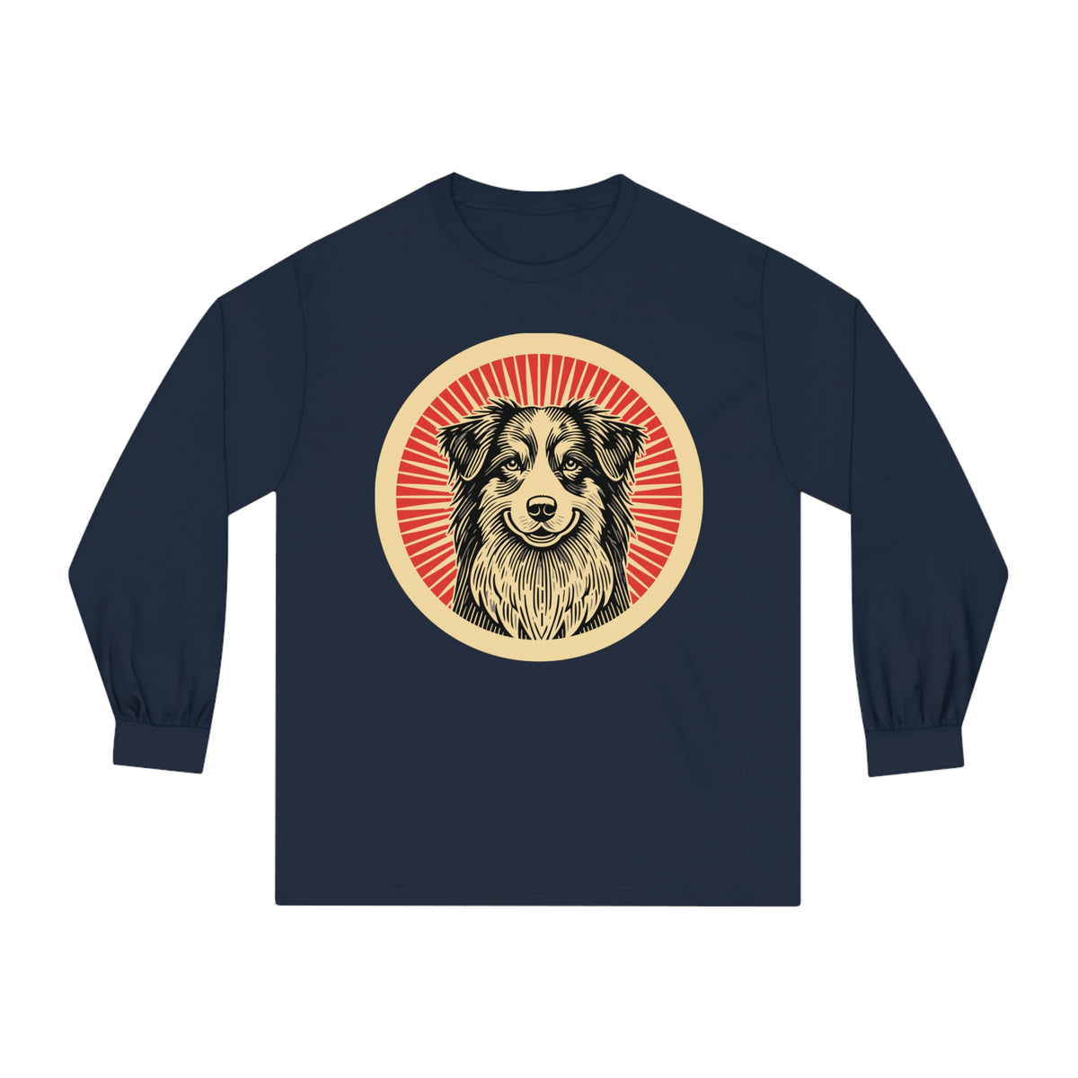 Australian Shepherd badge art in a ring of red rays on a long-sleeve tee