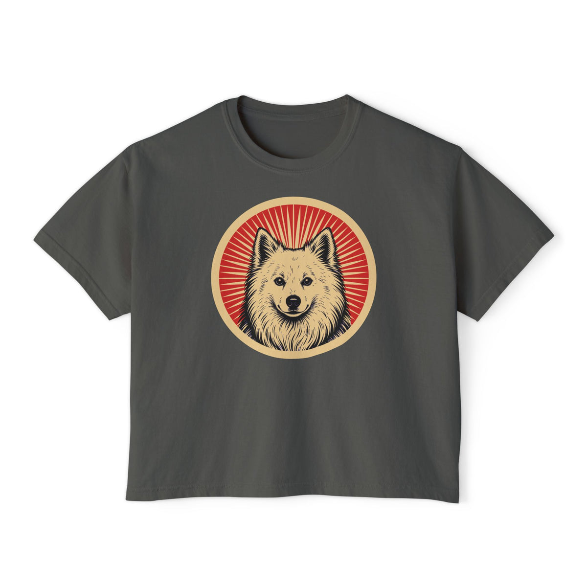 American Eskimo Dog badge art in a ring of red rays on a boxy tee