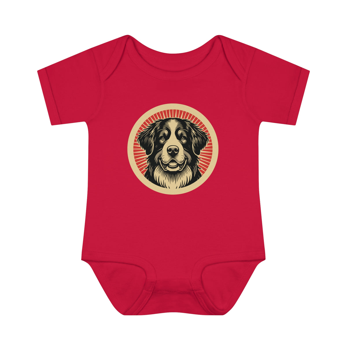 Bernese Mountain Dog badge art in a ring of red rays on a baby bodysuit