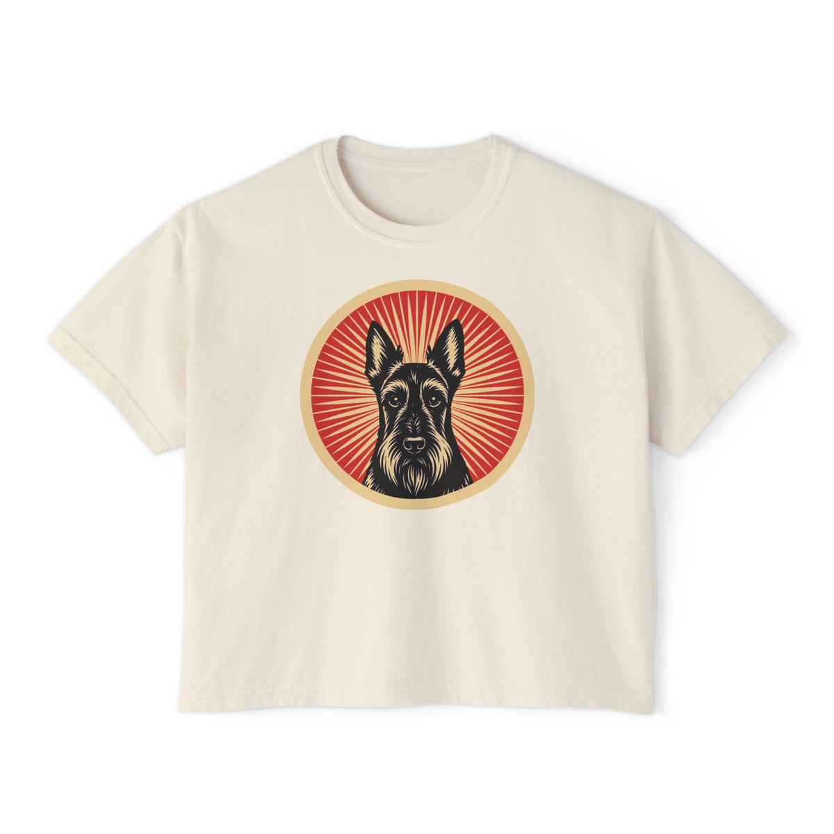 Scottish Terrier badge art in a ring of red rays on a boxy tee