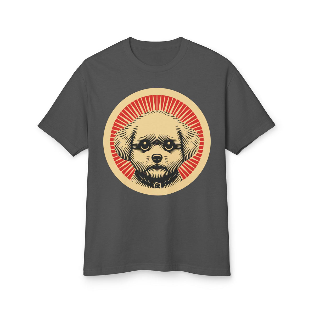 Bichon Frise badge art in a ring of red rays on a heavyweight tee
