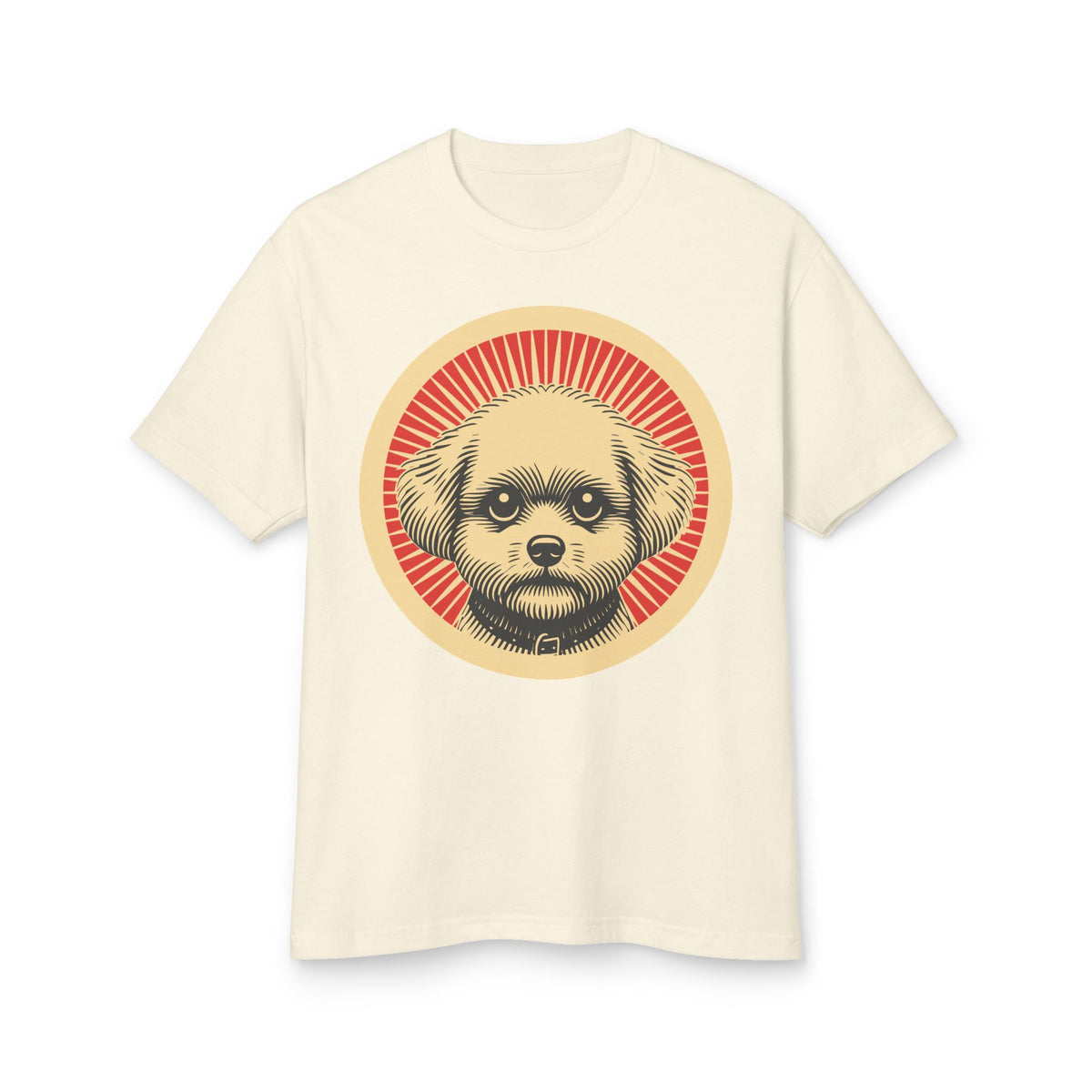 Bichon Frise badge art in a ring of red rays on a heavyweight tee