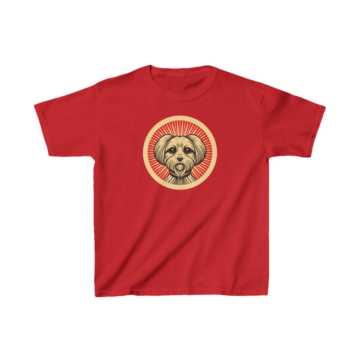 Maltese badge art in a ring of red rays on a kids' tee