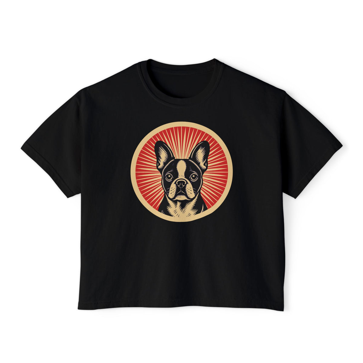 Frenchton badge art in a ring of red rays on a boxy tee