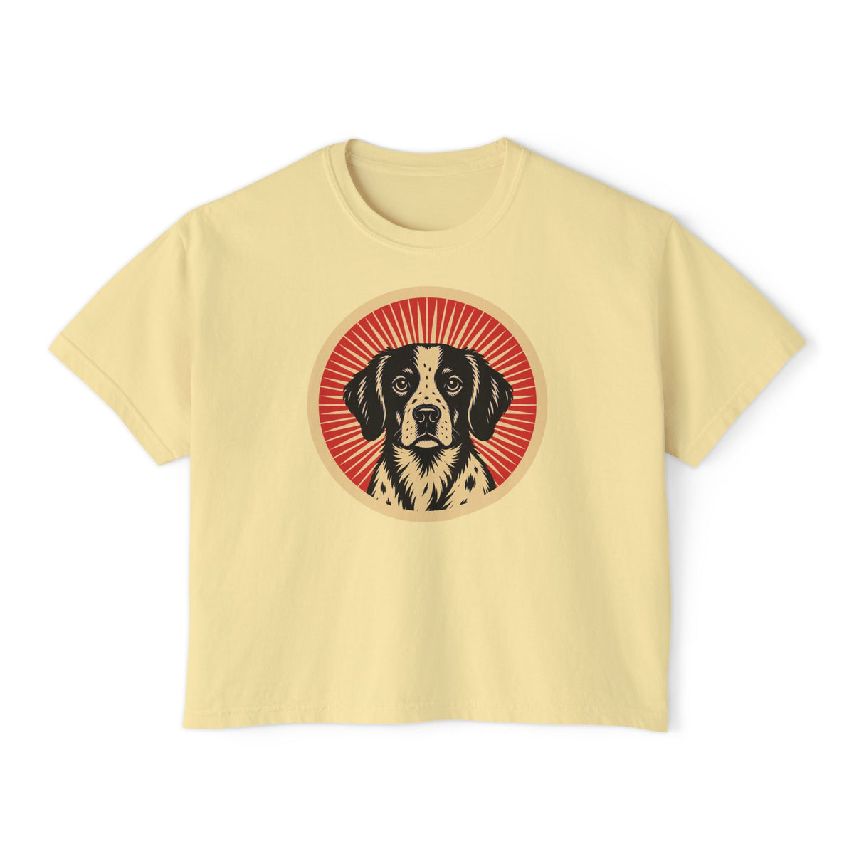 Brittany badge art in a ring of red rays on a boxy tee