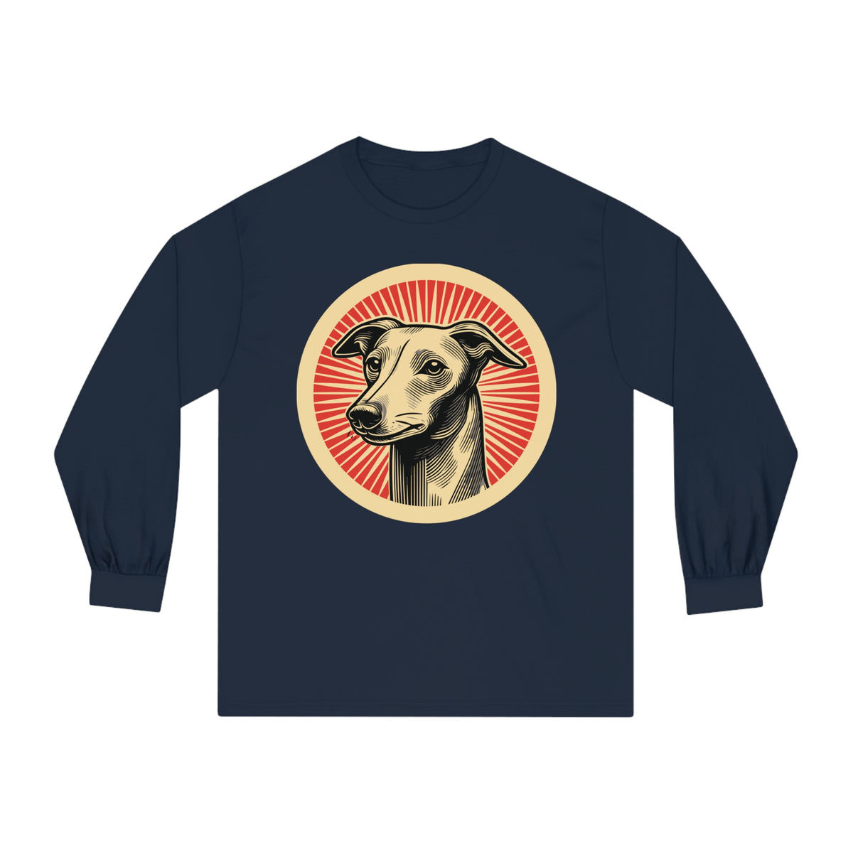 Italian Greyhound badge art in a ring of red rays on a long-sleeve tee