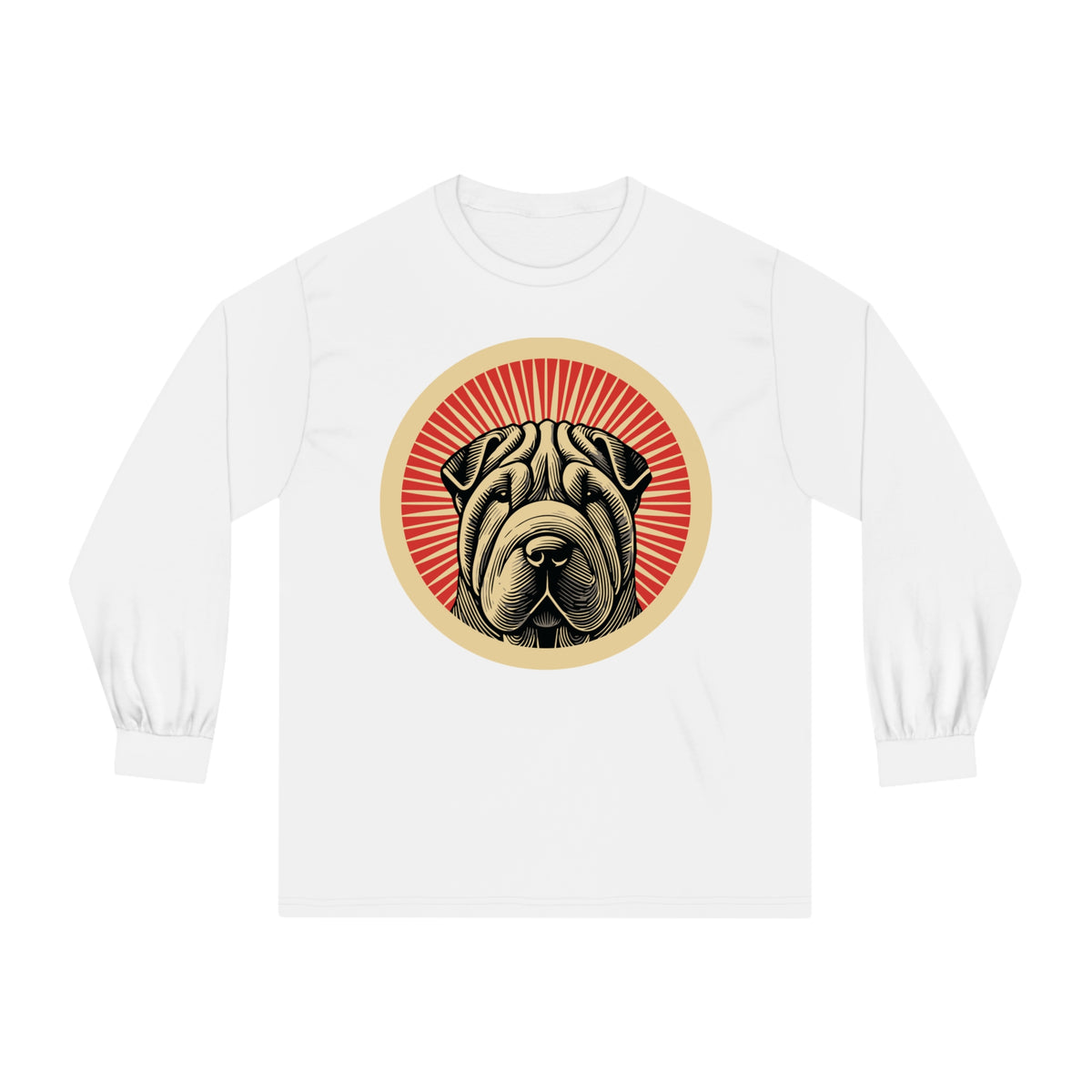 Chinese Shar-Pei badge art in a ring of red rays on a long-sleeve tee