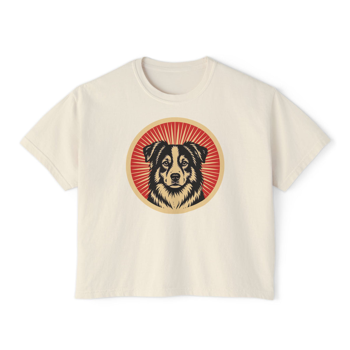 Miniature American Shepherd badge art in a ring of red rays on a boxy tee