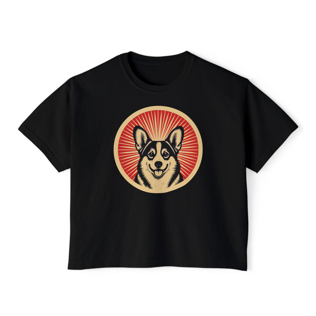 Pembroke Welsh Corgi badge art in a ring of red rays on a boxy tee