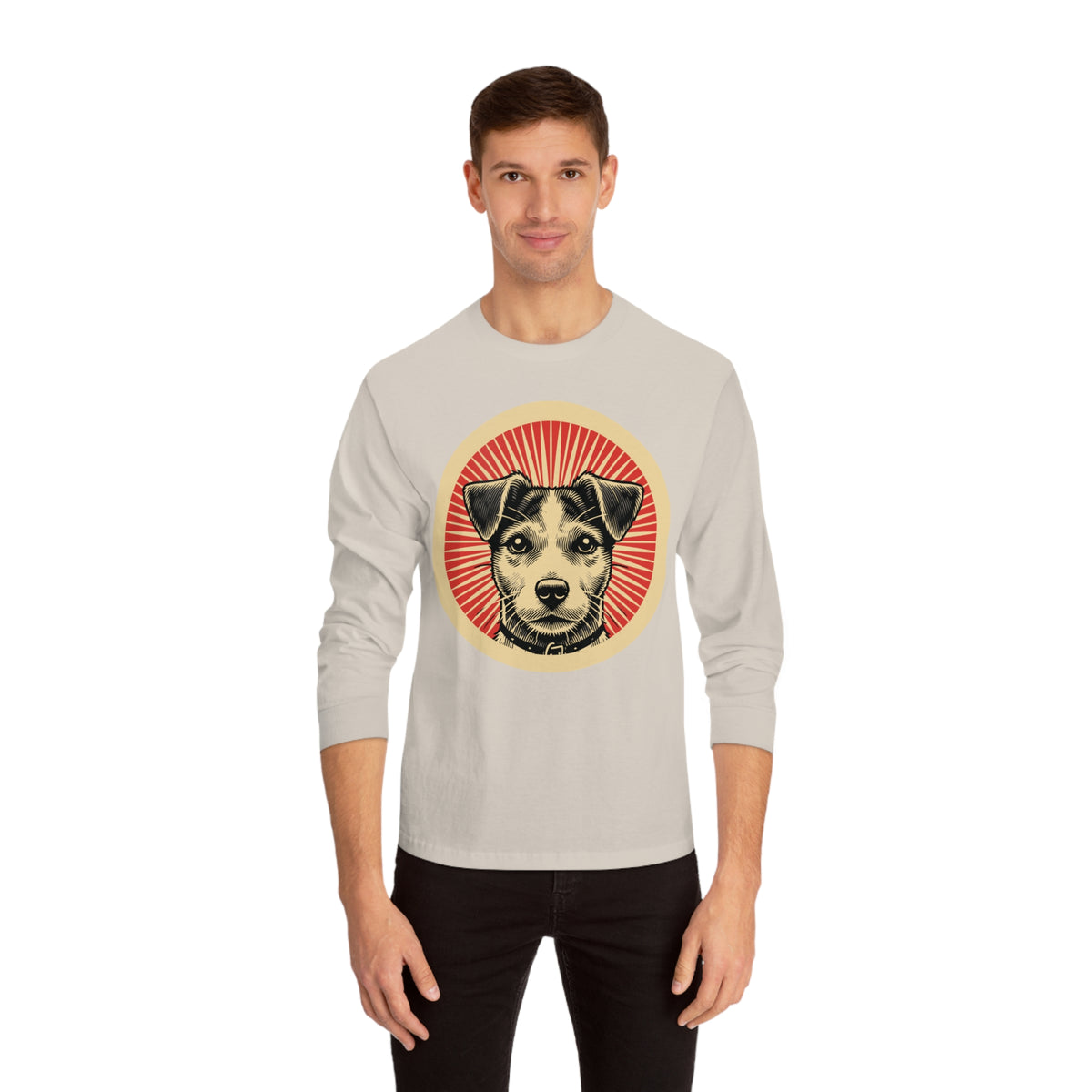 Jack Russell Terrier badge art in a ring of red rays on a long-sleeve tee