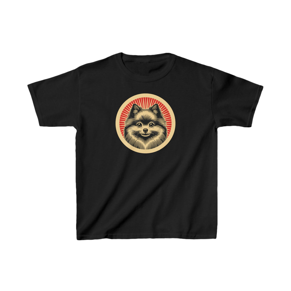 Pomeranian badge art in a ring of red rays on a kids' tee