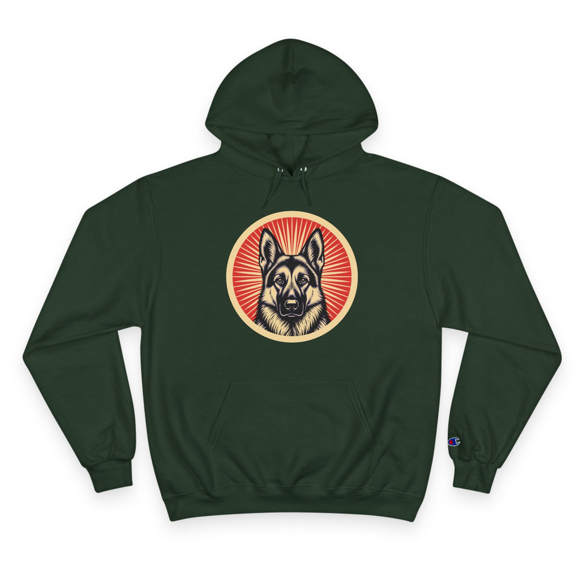 German Shepherd badge art in a ring of red rays on a champion hoodie