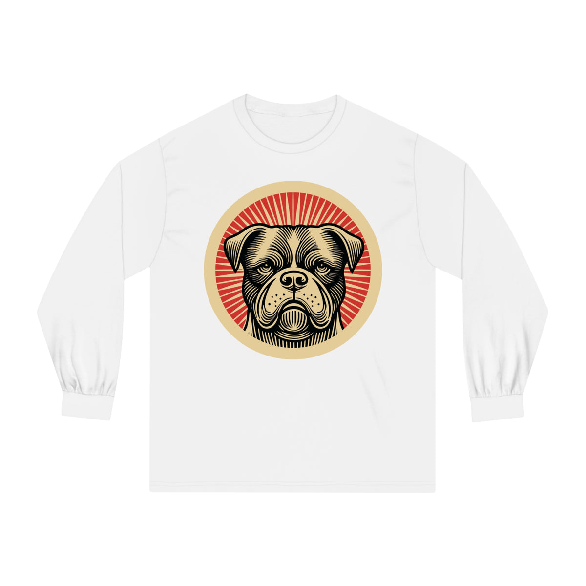 American Bulldog badge art in a ring of red rays on a long-sleeve tee