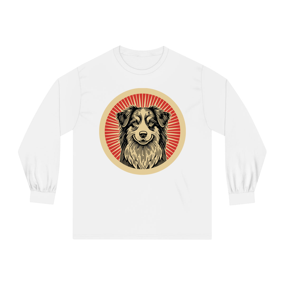 Australian Shepherd badge art in a ring of red rays on a long-sleeve tee