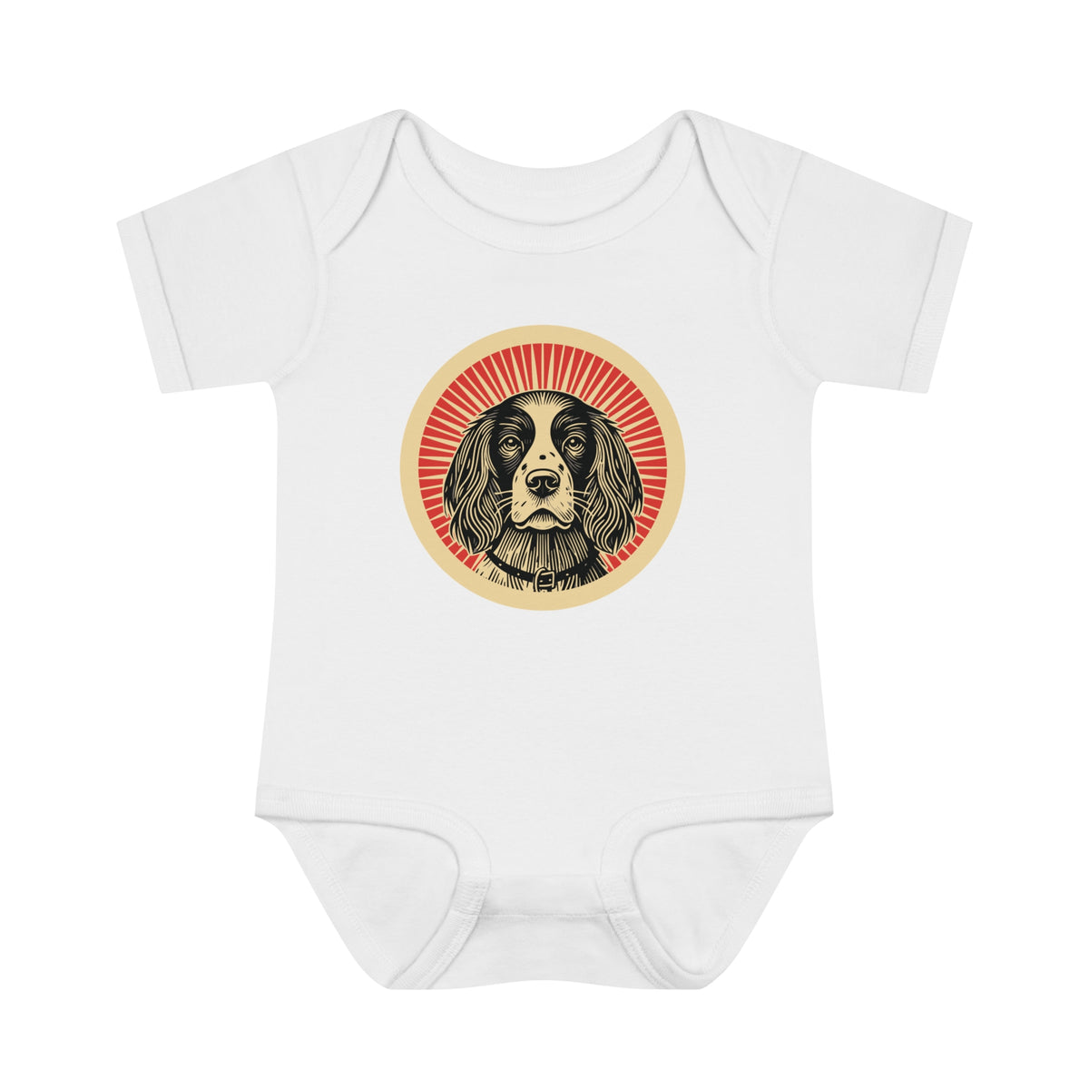 English Springer Spaniel badge art in a ring of red rays on a baby bodysuit