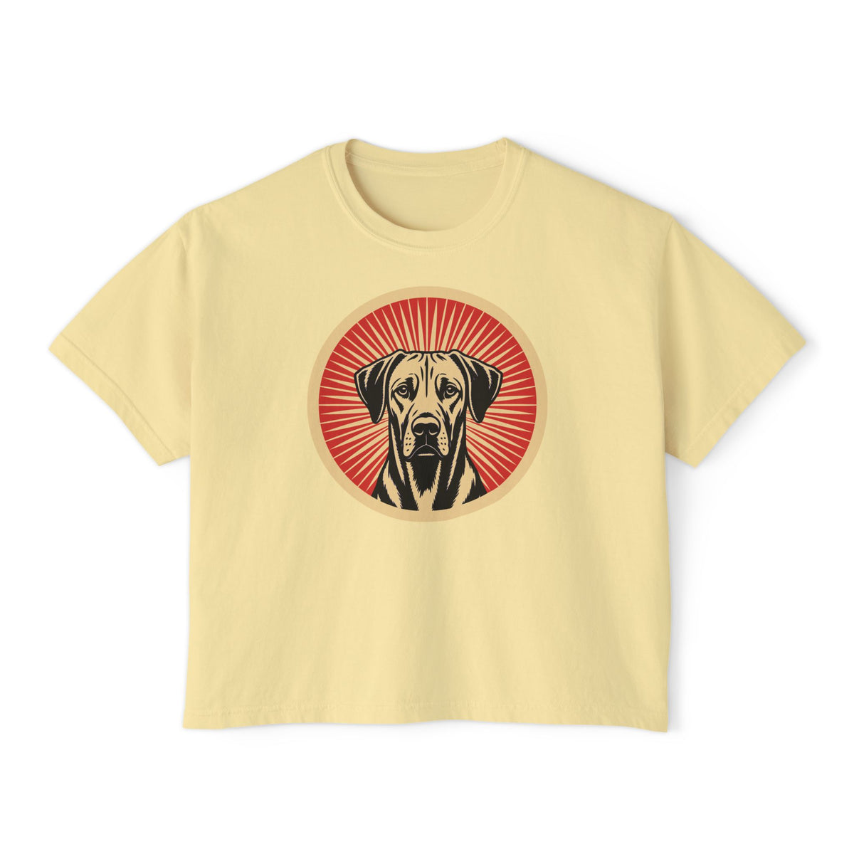 Rhodesian Ridgeback badge art in a ring of red rays on a boxy tee