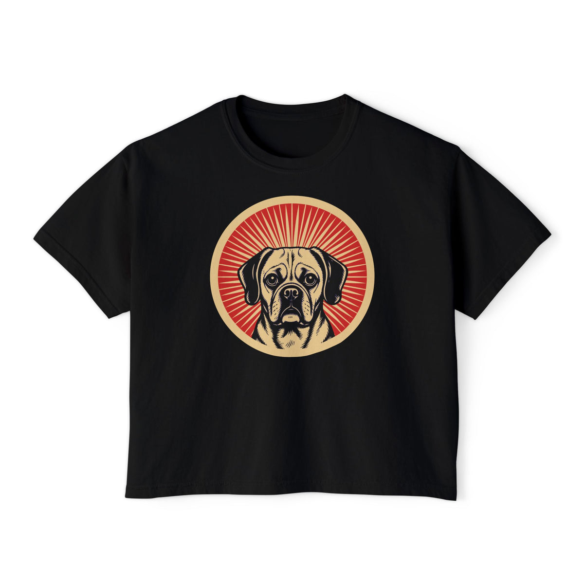 Puggle badge art in a ring of red rays on a boxy tee