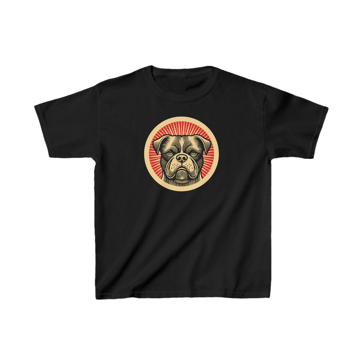 American Bulldog badge art in a ring of red rays on a kids' tee