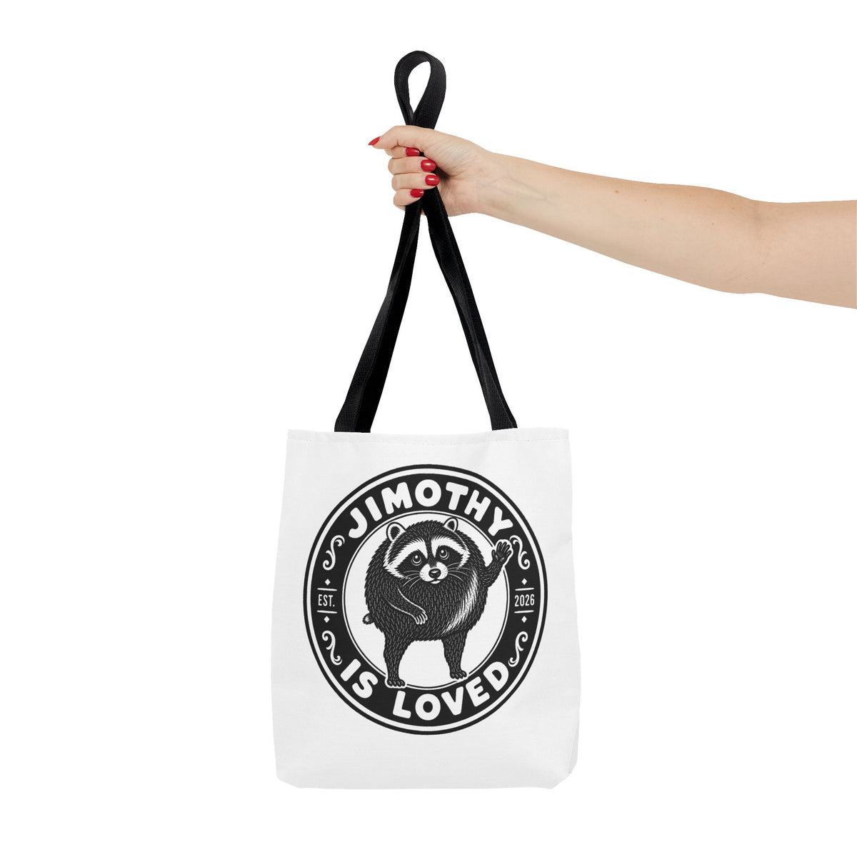 Personalized Raccoon Tote — "Jimothy Is Loved" Graphic Tote Bag