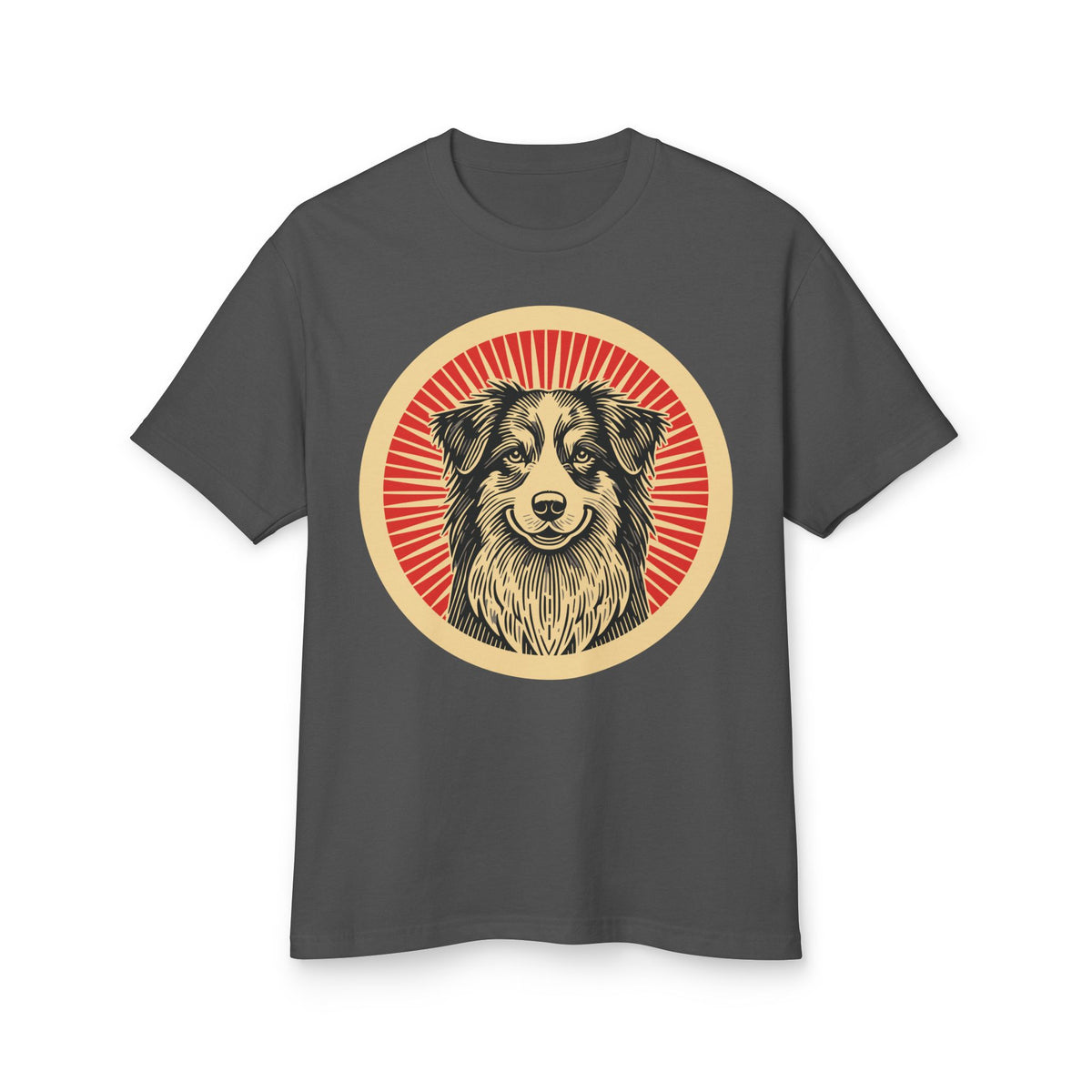 Australian Shepherd badge art in a ring of red rays on a heavyweight tee