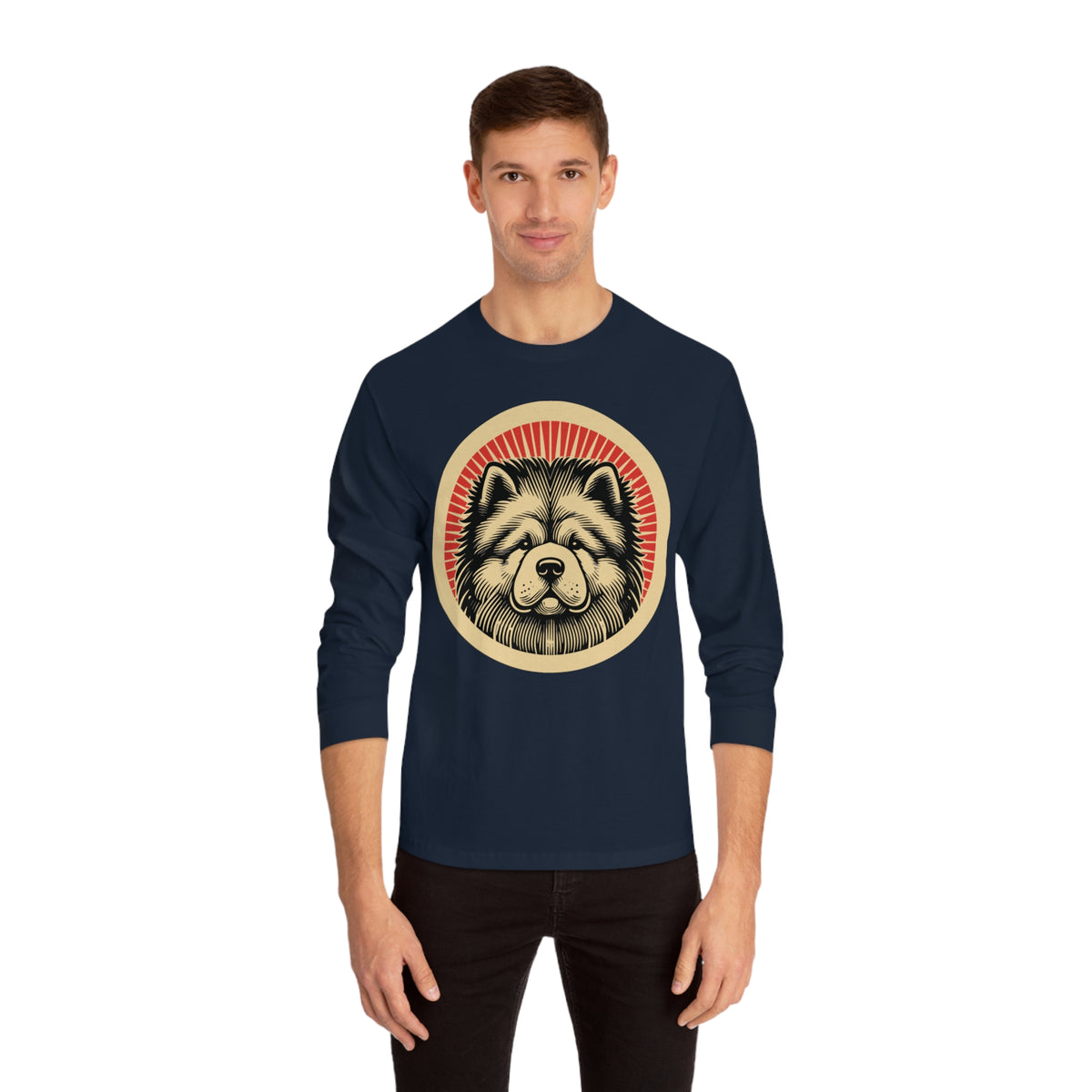 Chow Chow badge art in a ring of red rays on a long-sleeve tee