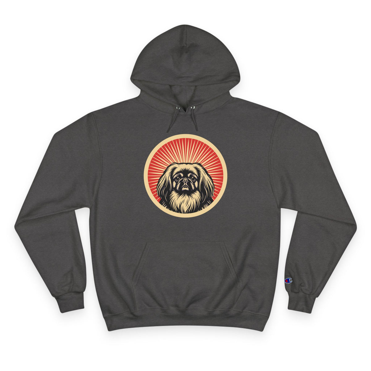 Pekingese badge art in a ring of red rays on a champion hoodie