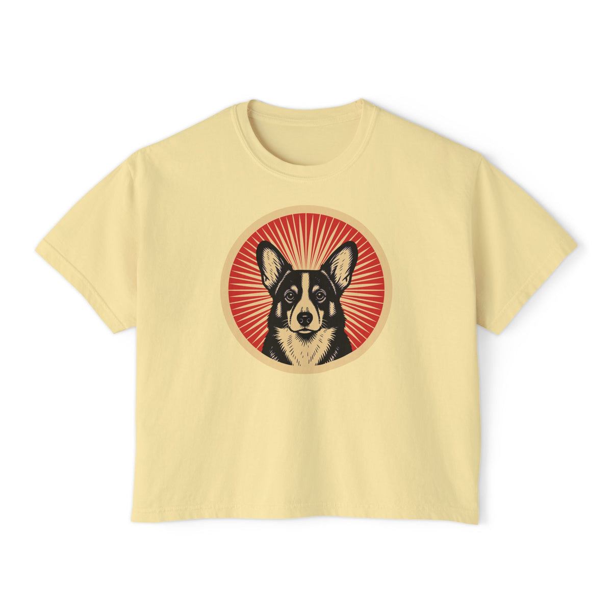 Cardigan Welsh Corgi badge art in a ring of red rays on a boxy tee