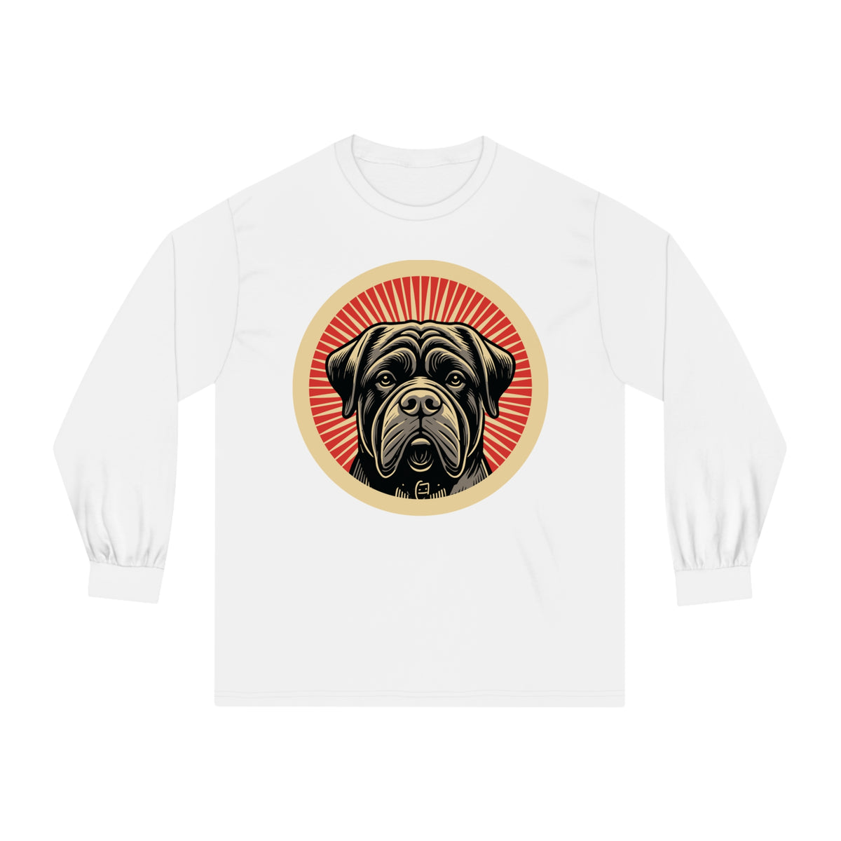 Bullmastiff badge art in a ring of red rays on a long-sleeve tee