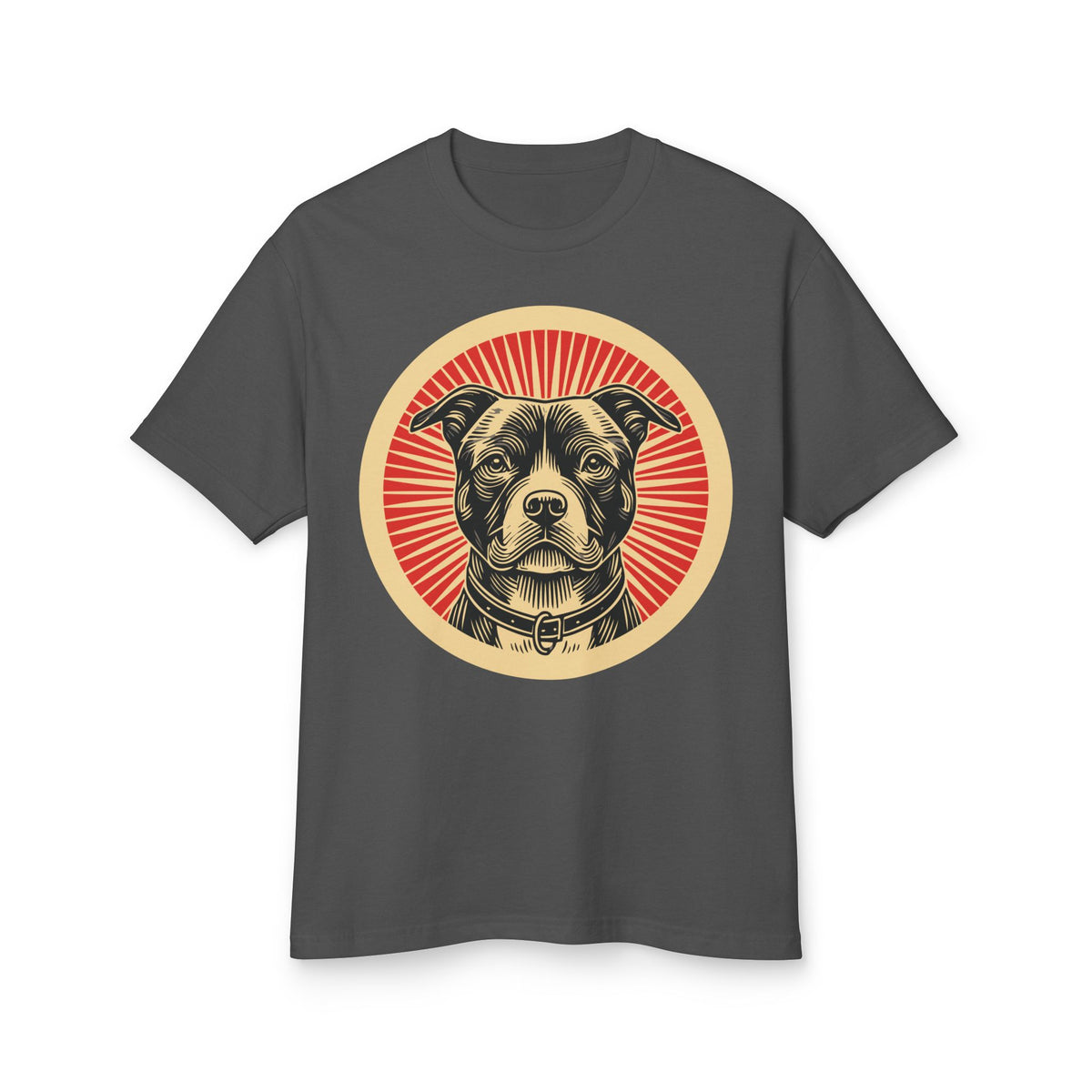 American Staffordshire Terrier badge art in a ring of red rays on a heavyweight tee