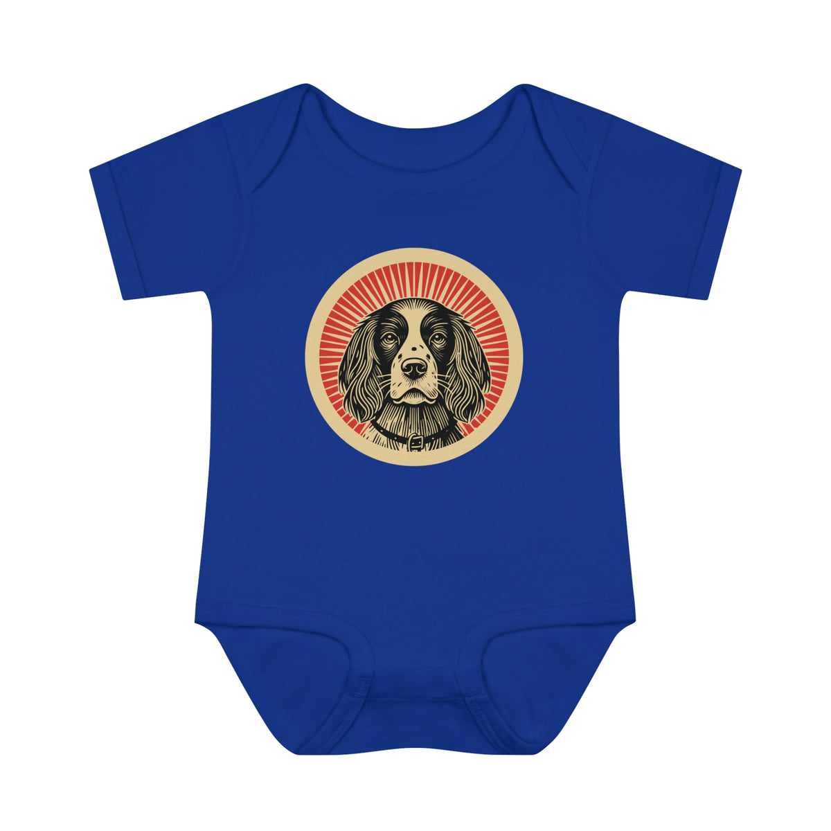 English Springer Spaniel badge art in a ring of red rays on a baby bodysuit