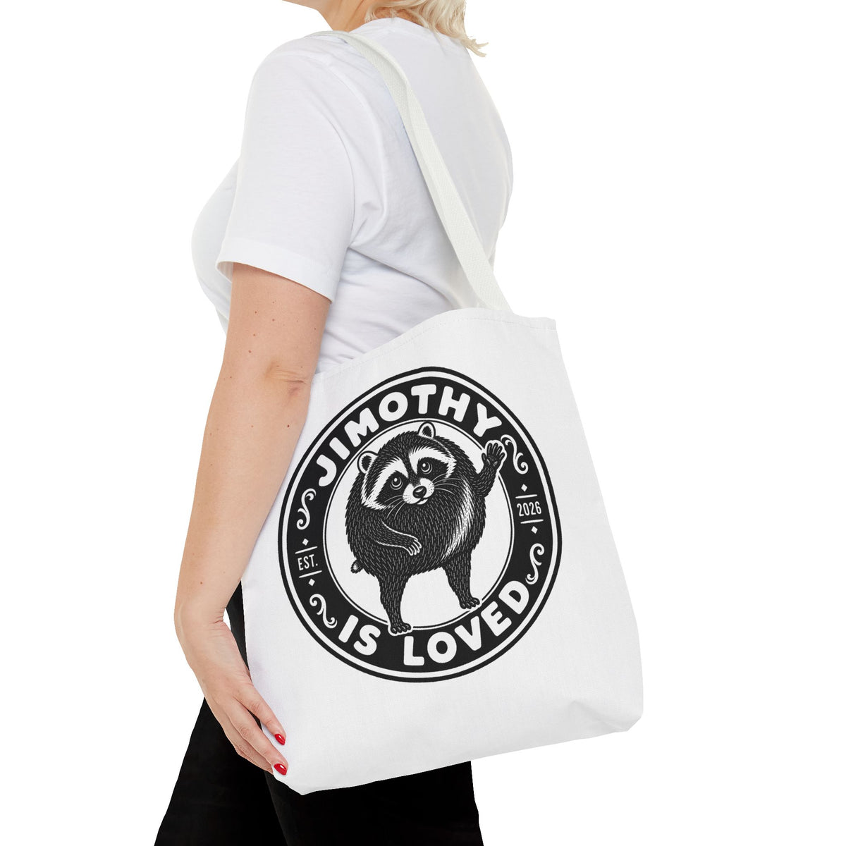 Personalized Raccoon Tote — "Jimothy Is Loved" Graphic Tote Bag