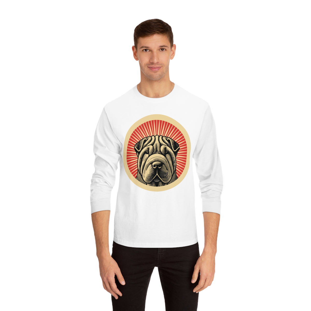 Chinese Shar-Pei badge art in a ring of red rays on a long-sleeve tee