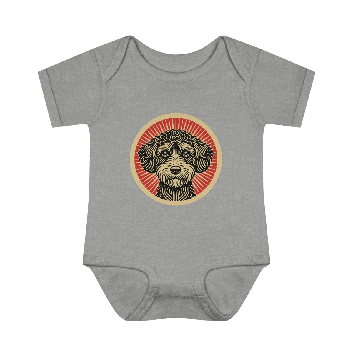 Schnoodle badge art in a ring of red rays on a baby bodysuit