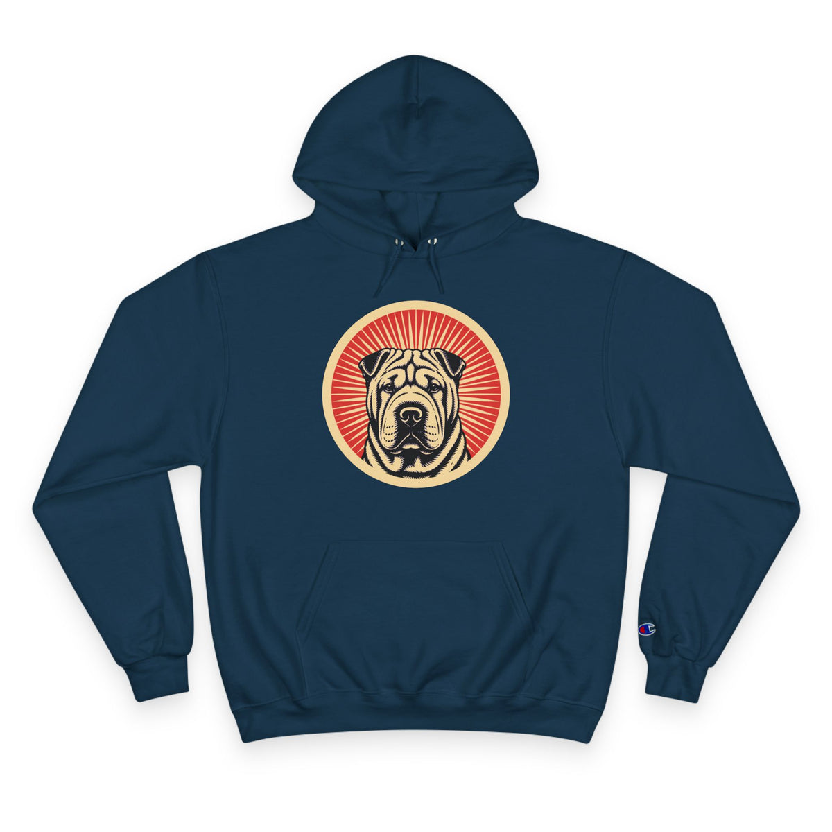 Chinese Shar-Pei badge art in a ring of red rays on a champion hoodie