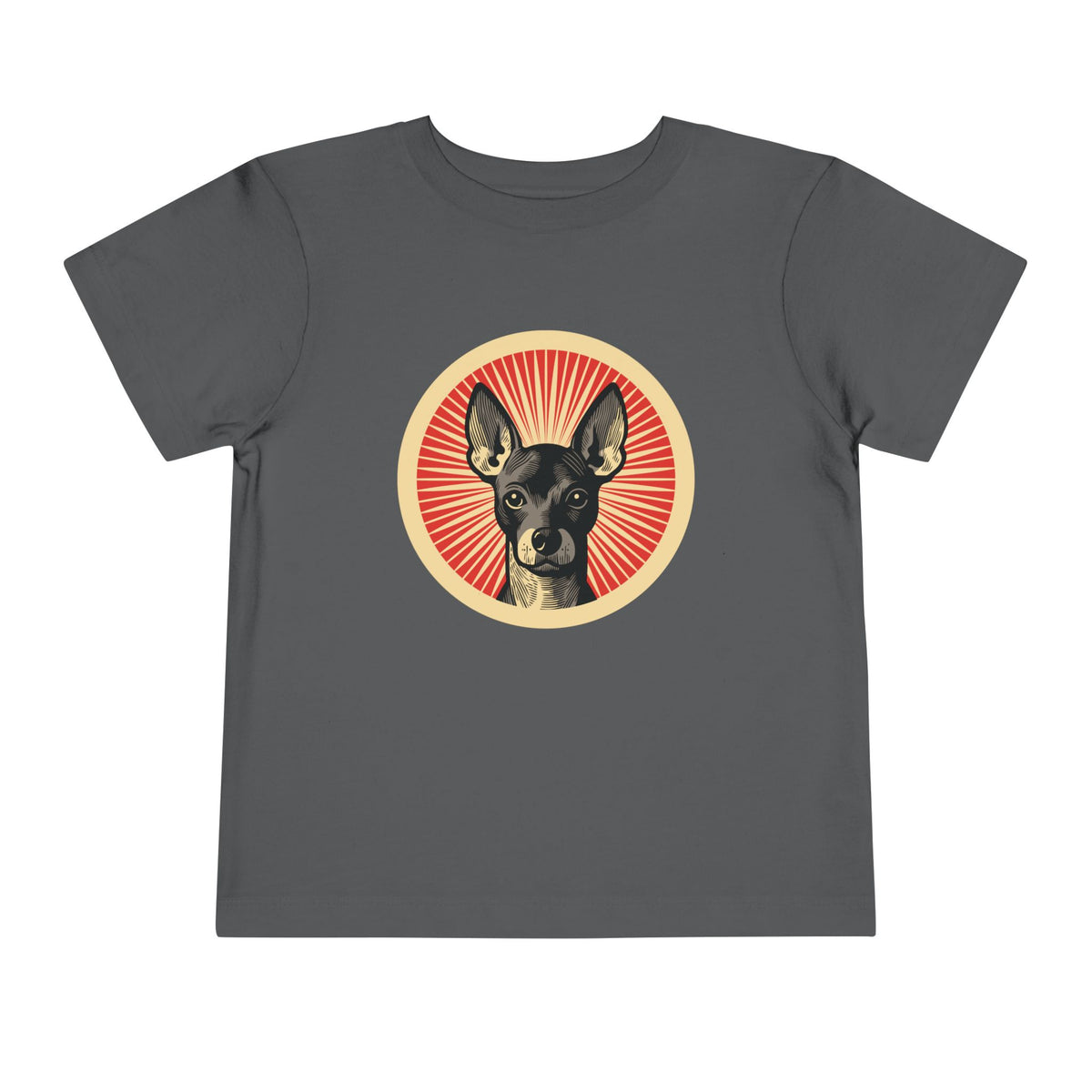 Xoloitzcuintle badge art in a ring of red rays on a toddler tee